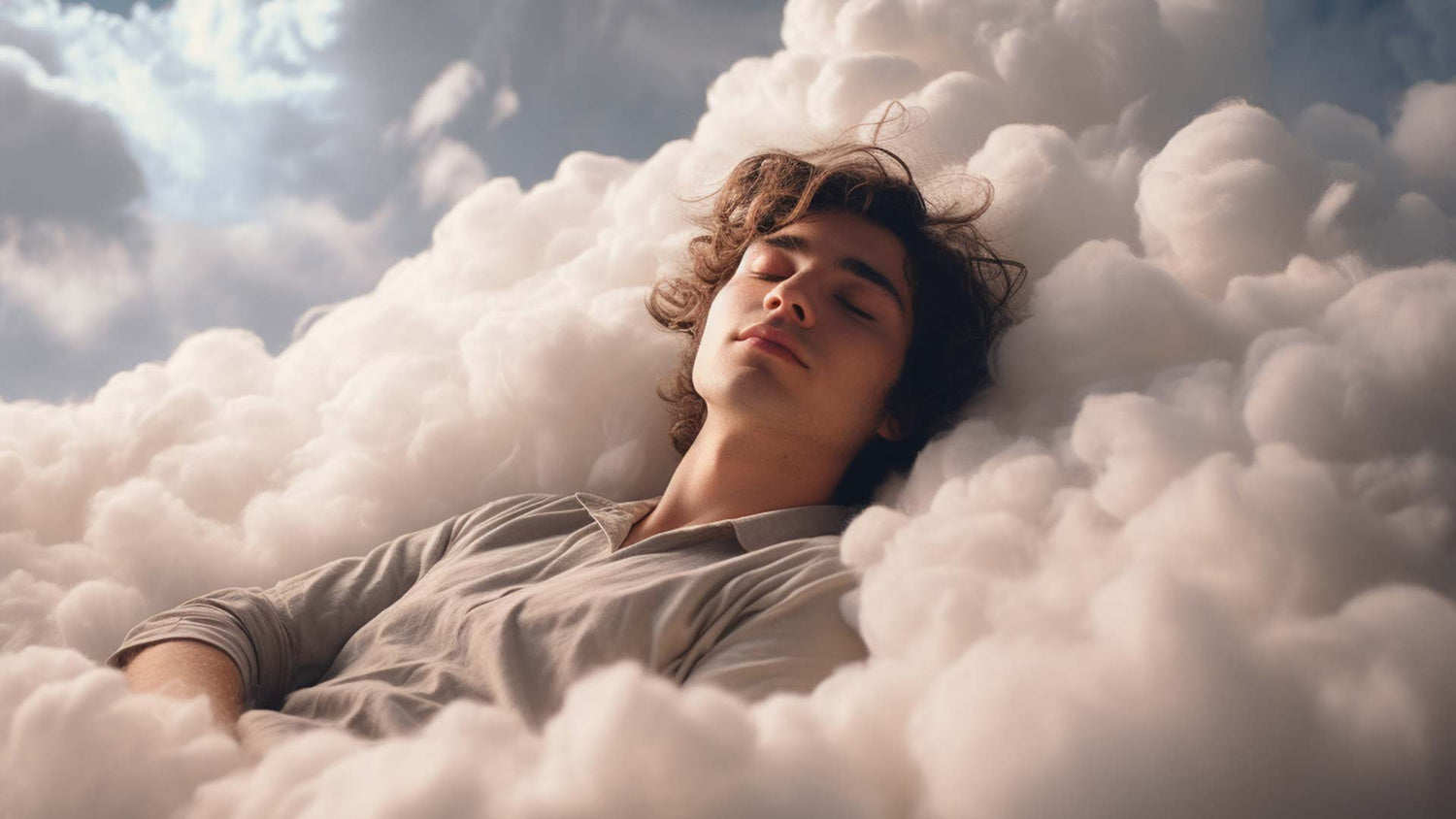 Peaceful young man sleeping on soft, fluffy clouds under a serene sky—symbolizing deep rest, relaxation, and the calming effects of magnesium supplements.