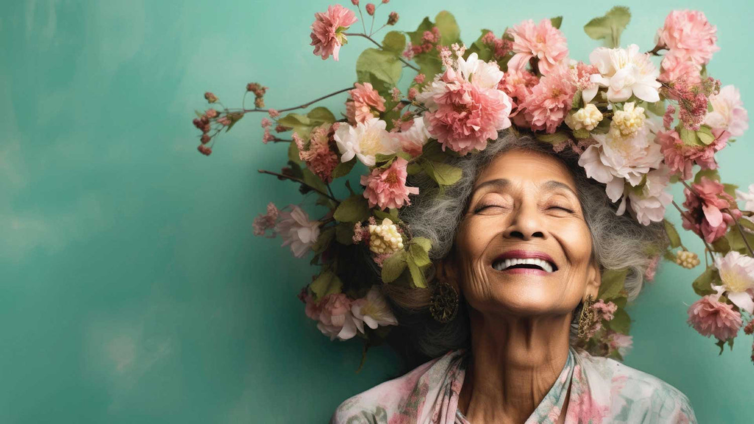 Joyful older woman with silver hair smiling with her eyes closed, wearing a floral crown of pink and white blossoms against a teal background—symbolizing natural beauty, vitality, and healthy aging.