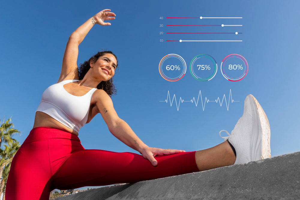 A woman stretching her leg while exercising outdoors in the sunshine, with fitness data overlays showing heart rate percentages and performance metrics. She's wearing red leggings and a white sports top, smiling as she enjoys her workout.