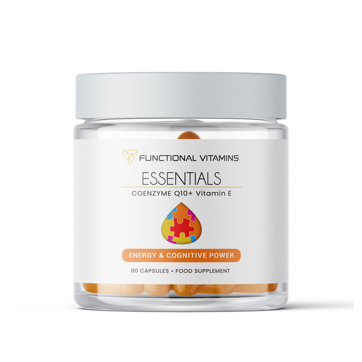 Functional Vitamins Coenzyme Q10 and Vitamin E capsules for energy and cognitive power, featured in a transparent jar with 60 additive-free capsules.