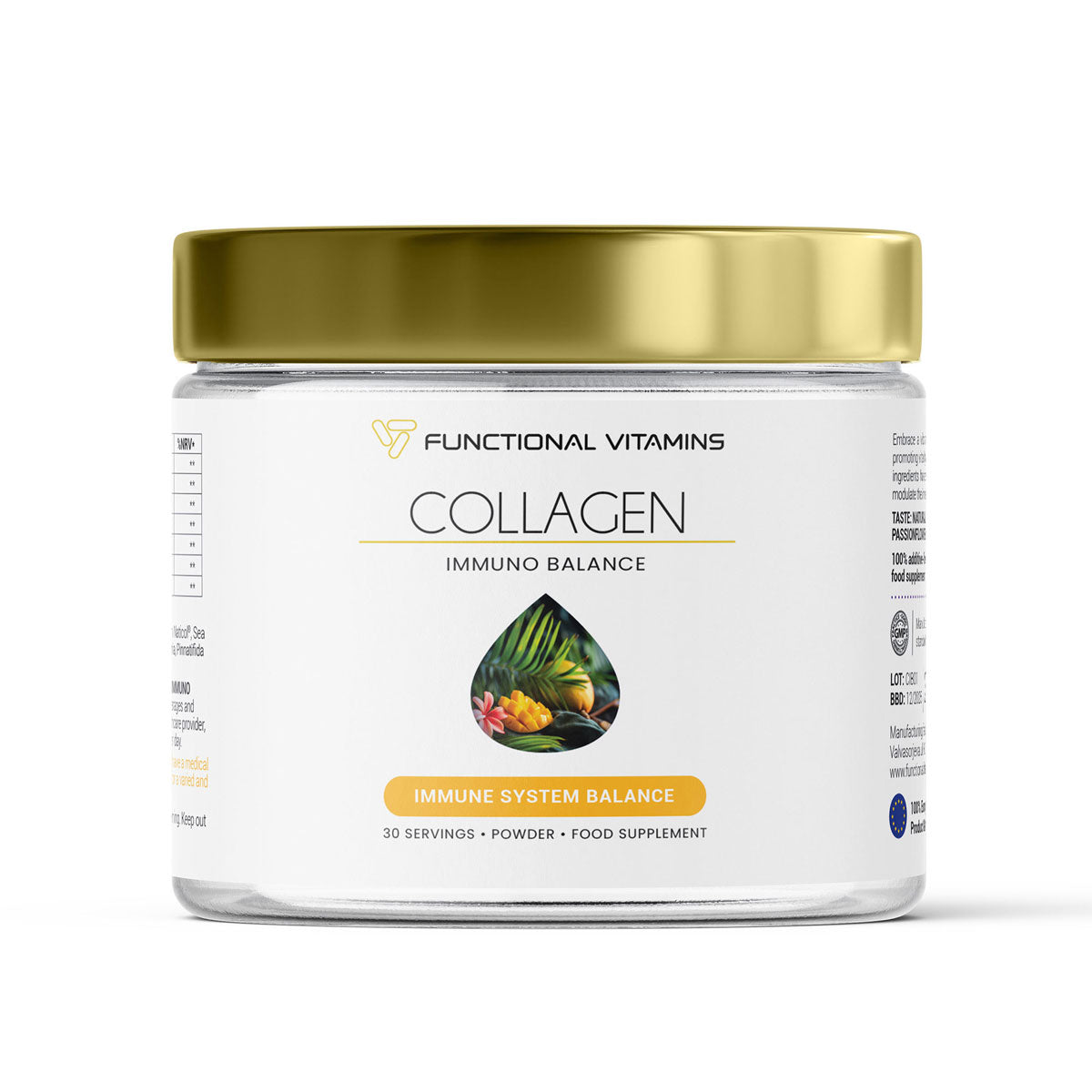Functional Vitamins Collagen Immuno Balance supplement jar, featuring 30 servings of powder designed to support immune system balance. The label displays vibrant natural imagery, highlighting the product’s focus on health and vitality