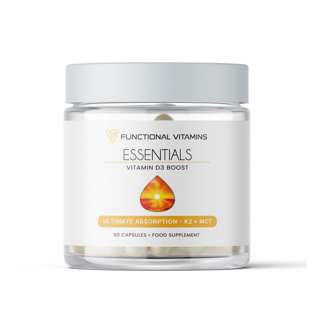 Functional Vitamins Vitamin D3 Boost with K2 and MCT, shown in a clear jar with a simple design. 60 capsules for ultimate absorption and immune health.