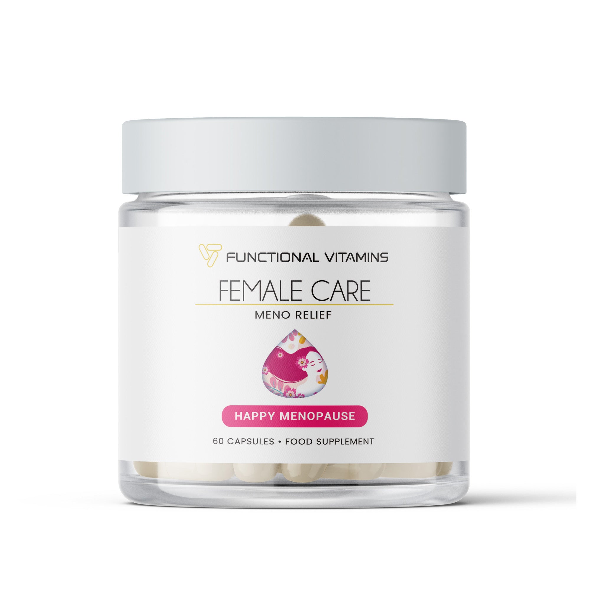 Functional Vitamins Female Care Meno Relief Supplement (60 Capsules) – The image shows a jar of