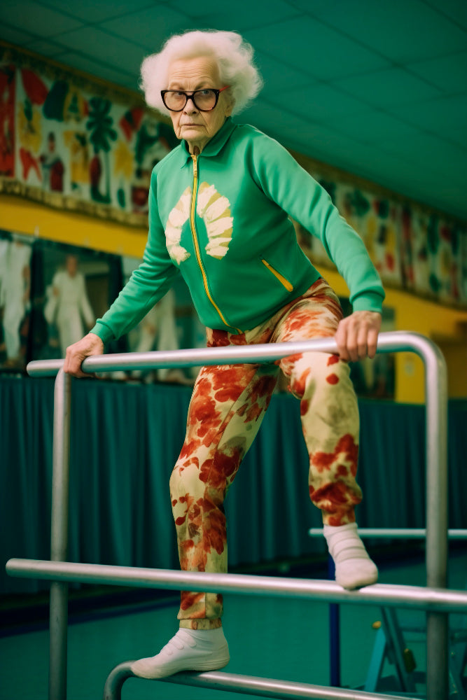 Elderly woman in colorful athletic wear confidently using parallel bars in a gym, showcasing strength and vitality.