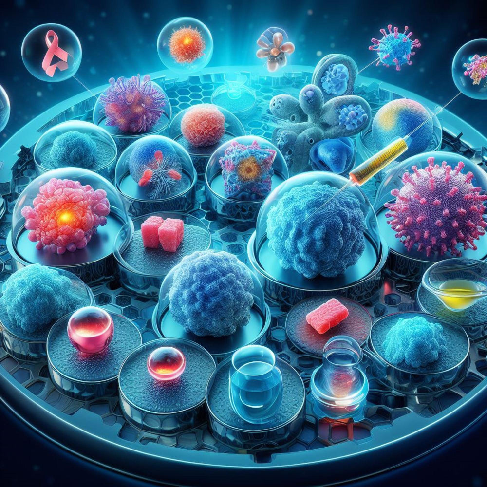 Futuristic depiction of microscopic cells and viruses in a laboratory setting, showcasing vibrant colors and scientific tools used in medical research.