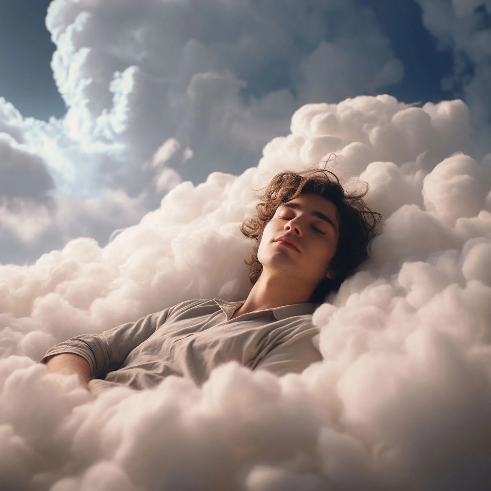 A serene young man sleeping peacefully on a bed of fluffy white clouds under a vibrant blue sky, evoking a sense of calm and relaxation.