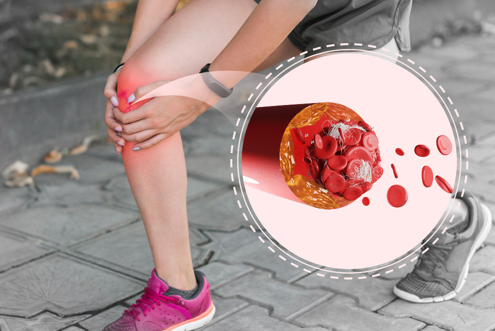 A person holding their knee in discomfort, suggesting joint pain, with a highlighted section showing a detailed illustration of blood cells and possible inflammation within a blood vessel.