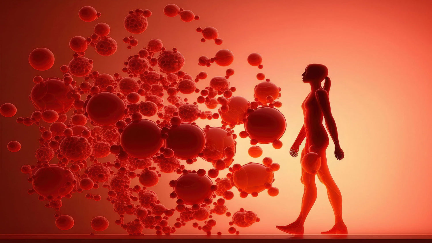 A silhouette of a woman walking amidst abstract red spheres symbolizing immune cells, visually representing the concept of autoimmune disease.