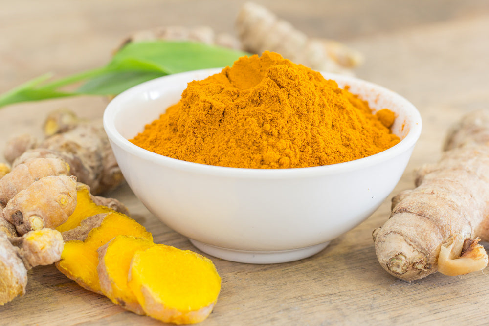 A white bowl filled with vibrant turmeric powder, surrounded by fresh turmeric roots, showcasing the golden color and earthy texture of the spice, symbolizing its culinary and medicinal importance