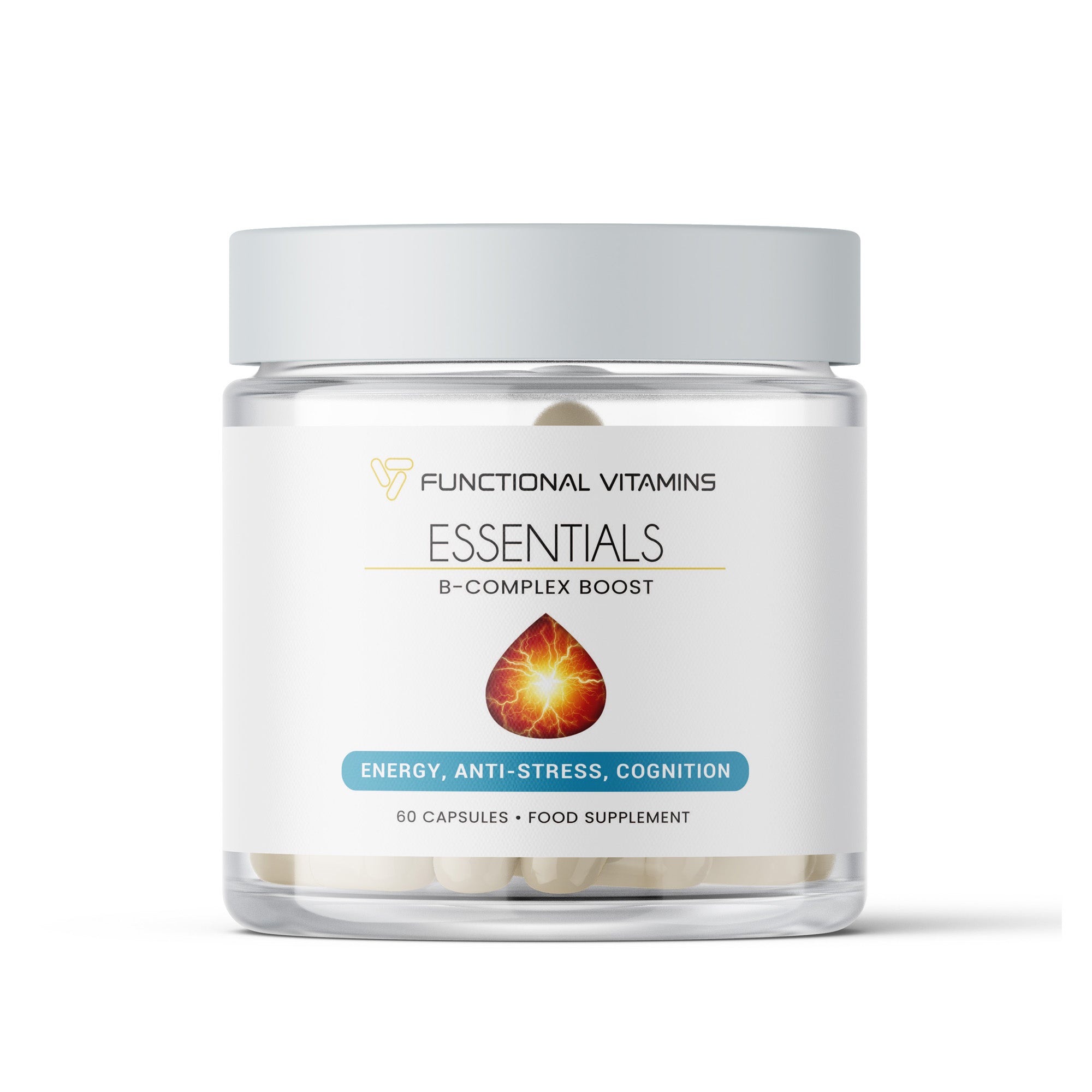 Functional Vitamins Essentials B-Complex Boost supplement bottle, featuring 60 capsules for energy, anti-stress, and cognition support. The clear jar showcases a modern design with a label highlighting its health benefits.