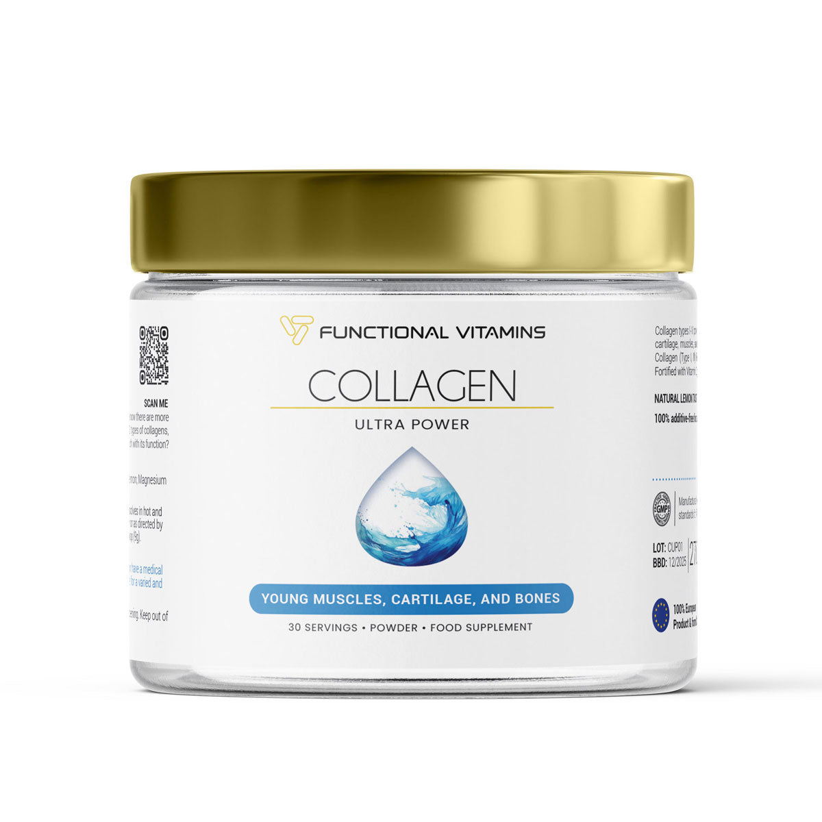 A clear jar of Functional Vitamins Collagen Ultra Power powder, promoting young muscles, cartilage, and bones. The label features a blue water drop icon with a golden lid. The product offers 30 servings and is 100% additive-free.