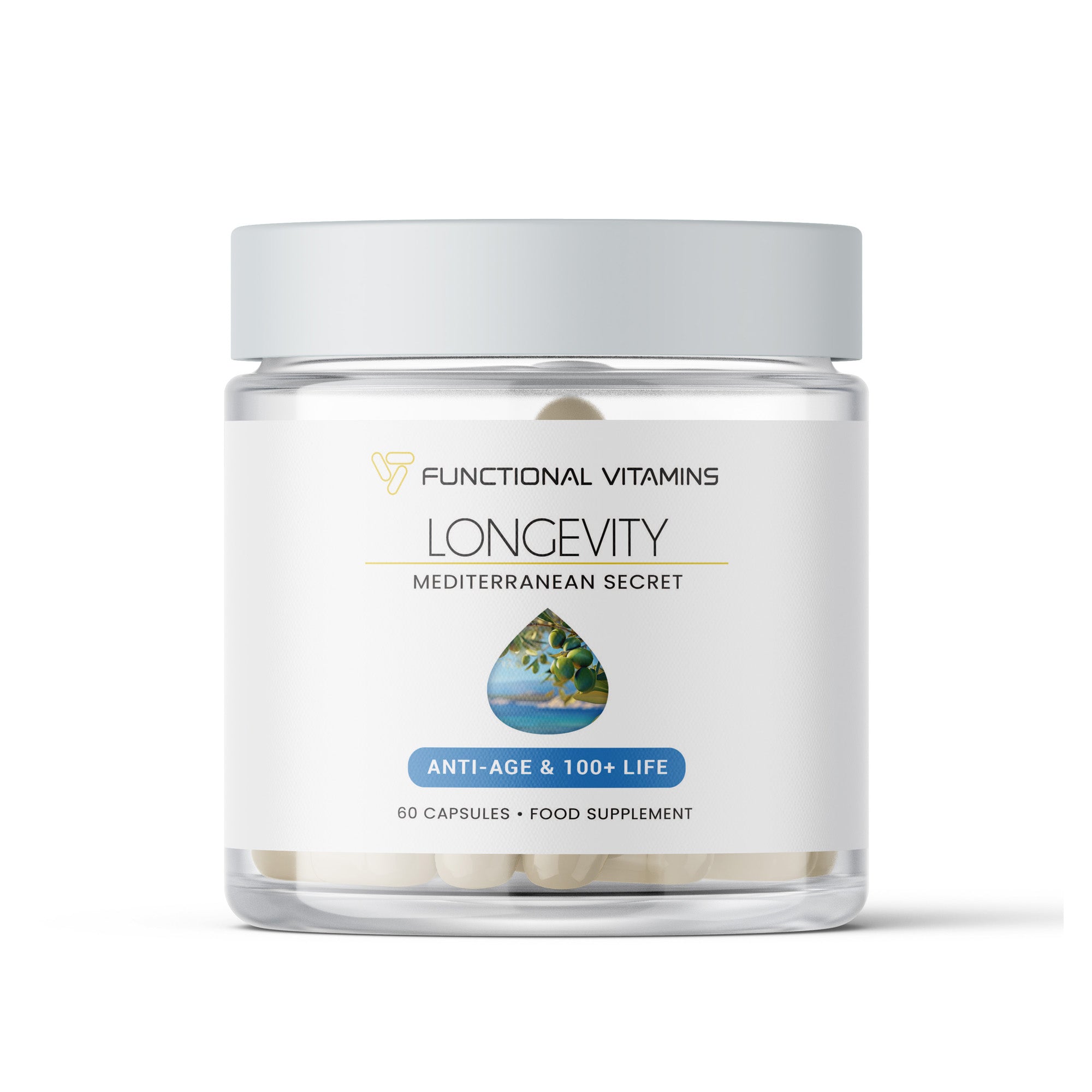 Functional Vitamins Longevity Mediterranean Secret Anti-Age Supplement (60 Capsules) – This image shows a white jar labeled 