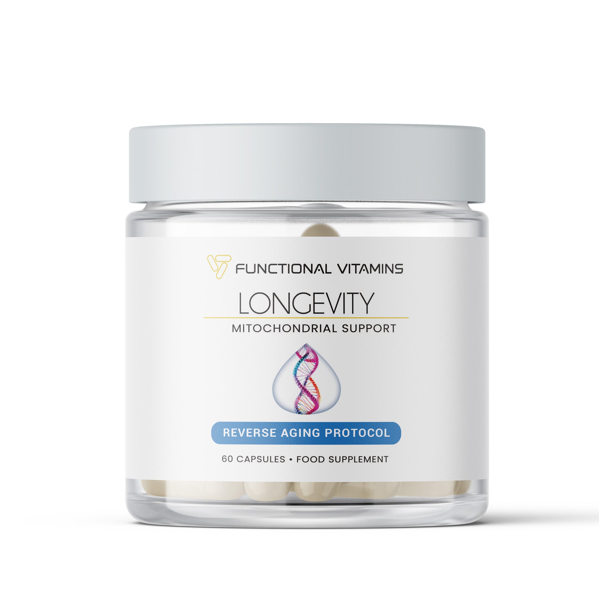 Functional Vitamins Longevity Mitochondrial Support Supplement (60 Capsules) – The image displays a jar of Functional Vitamins 
