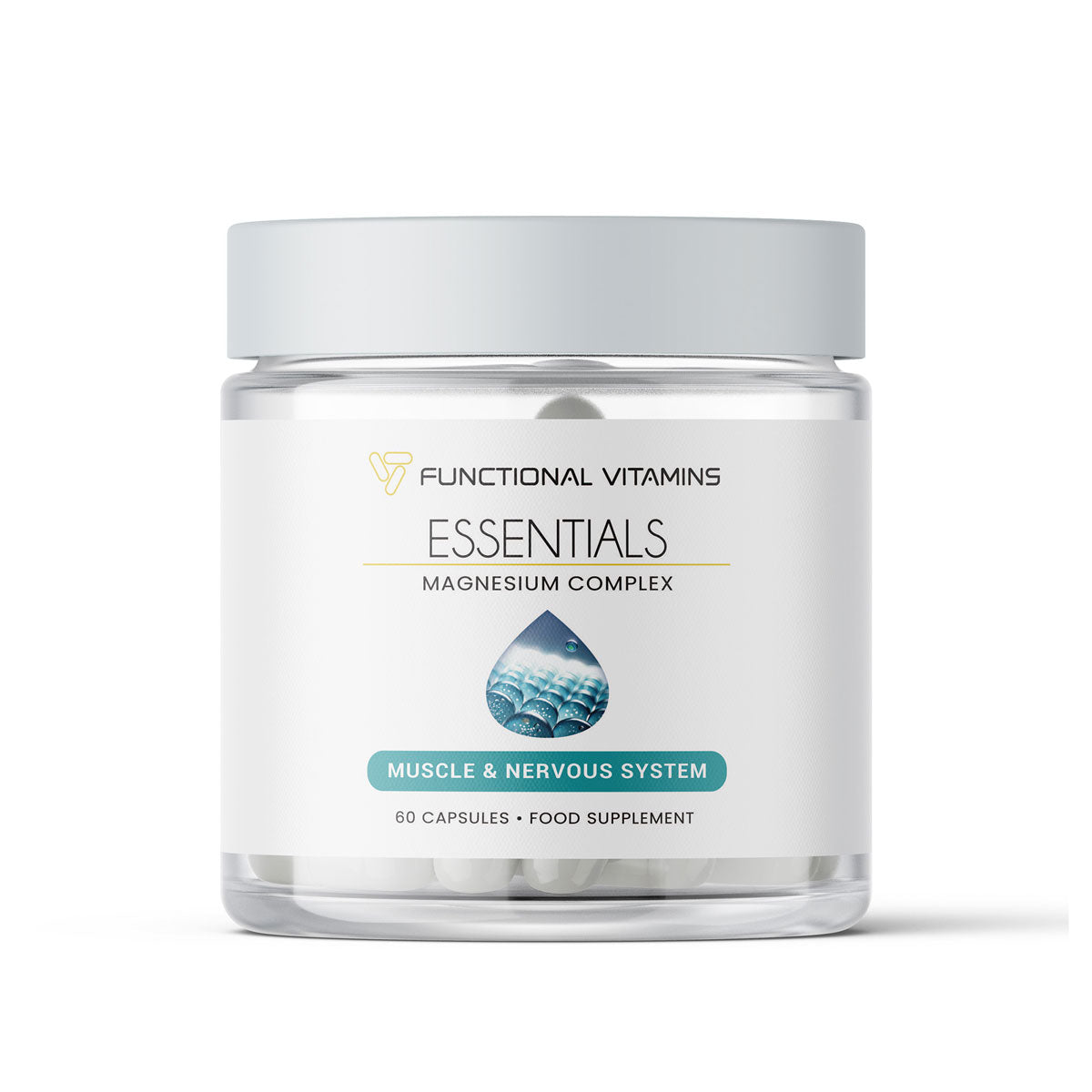 Functional Vitamins Magnesium Complex capsules for muscle and nervous system support, displayed in a clean and modern jar. 60 capsules to promote relaxation and energy.