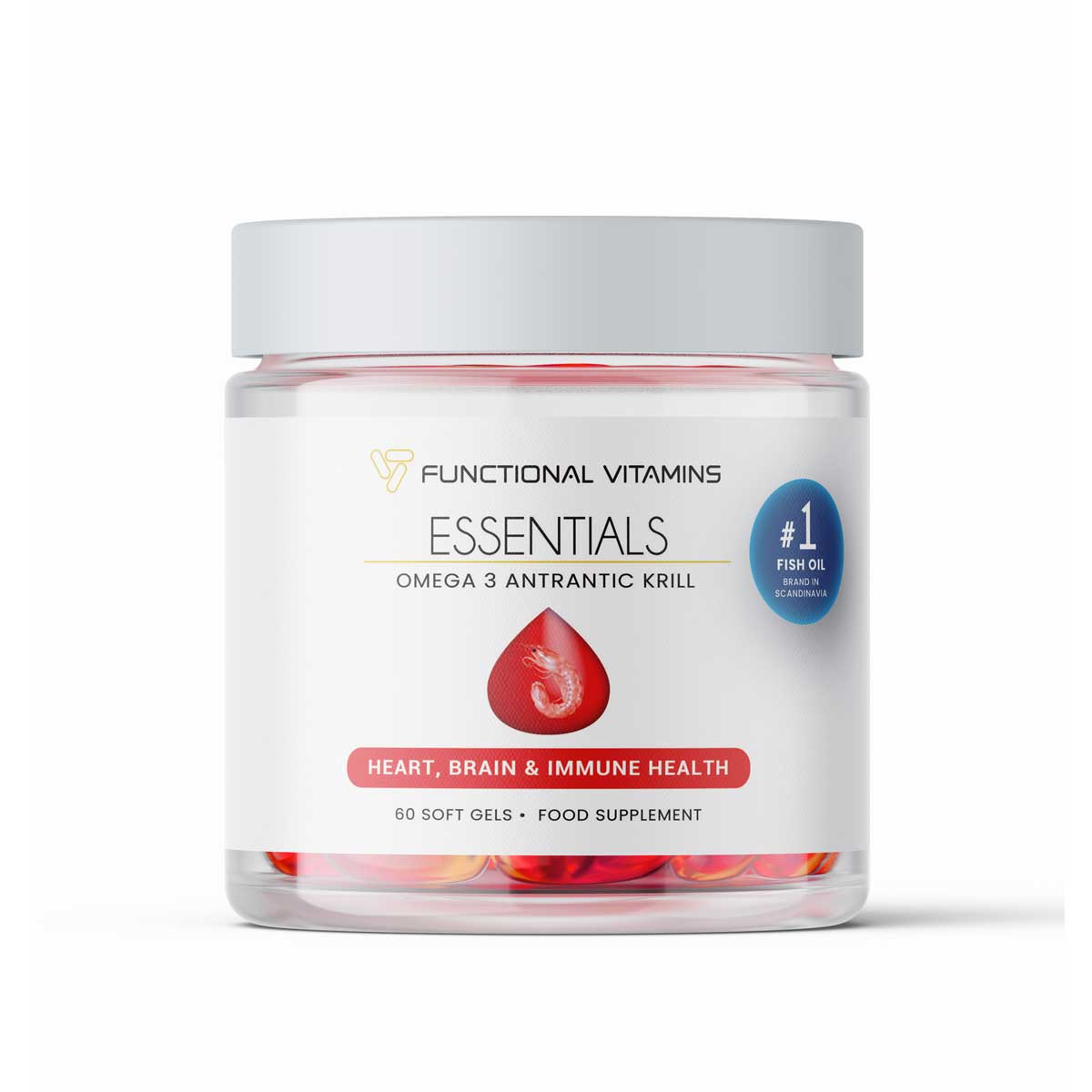 Antarctic Krill Omega 3 for Heart, Brain & Immune Health: Functional Vitamins Antarctic Krill Omega 3 soft gels for heart, brain, and immune health. 60 soft gels with sustainable krill oil in a clear jar design.